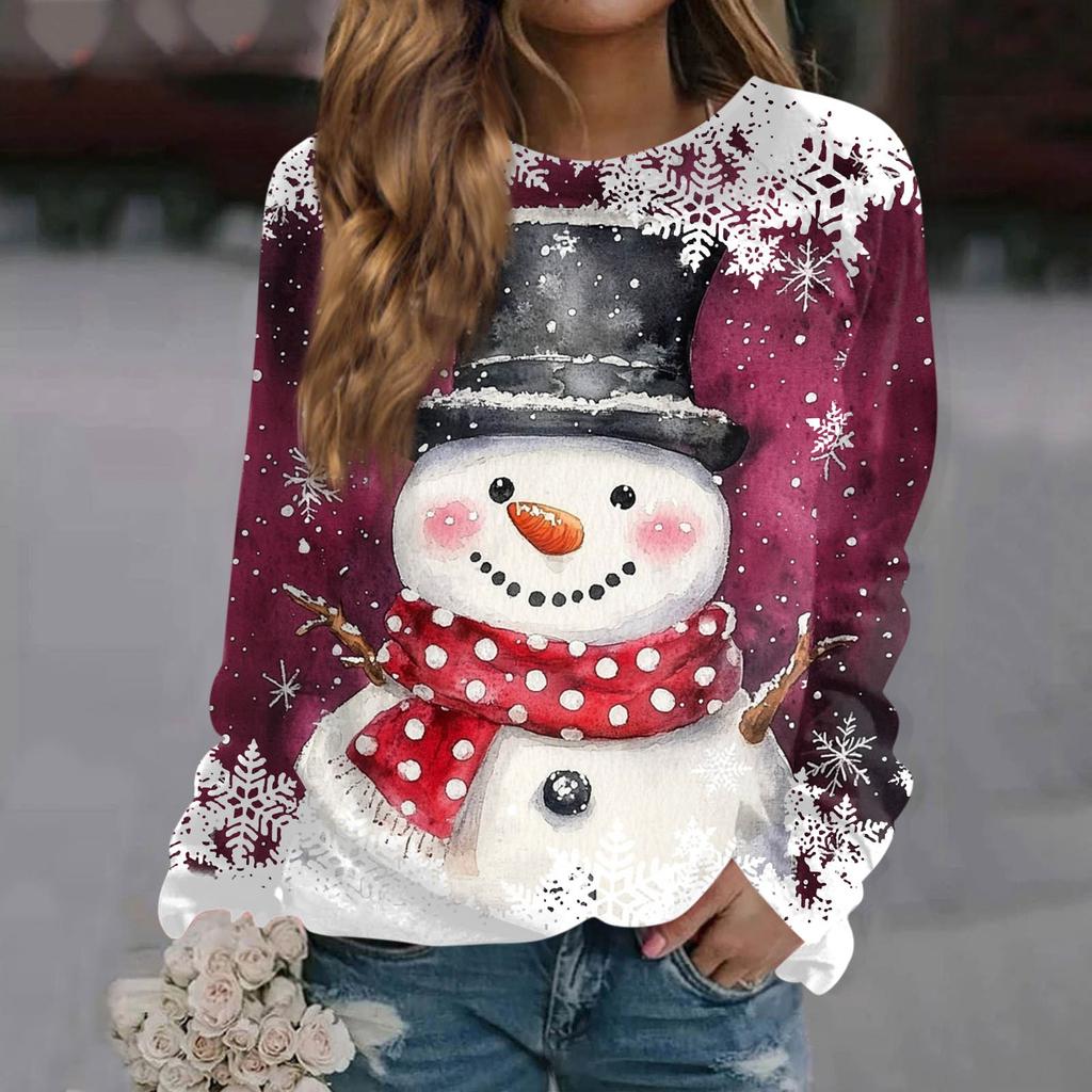 Women's Casual Fashion Christmas Print Long Sleeve Round Neck Pullover Top Blouse Sweatshirt