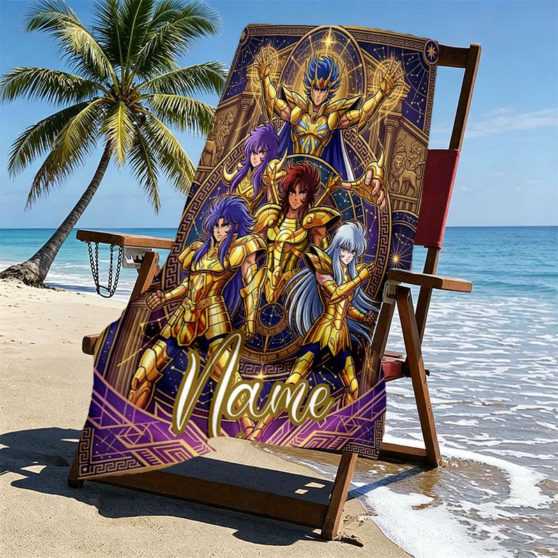 Custom Name Personalized Saint Seiya Print Beach Towel, for Trip Camping Beach Party Home Decor, Birthday Gift for Family & Friends