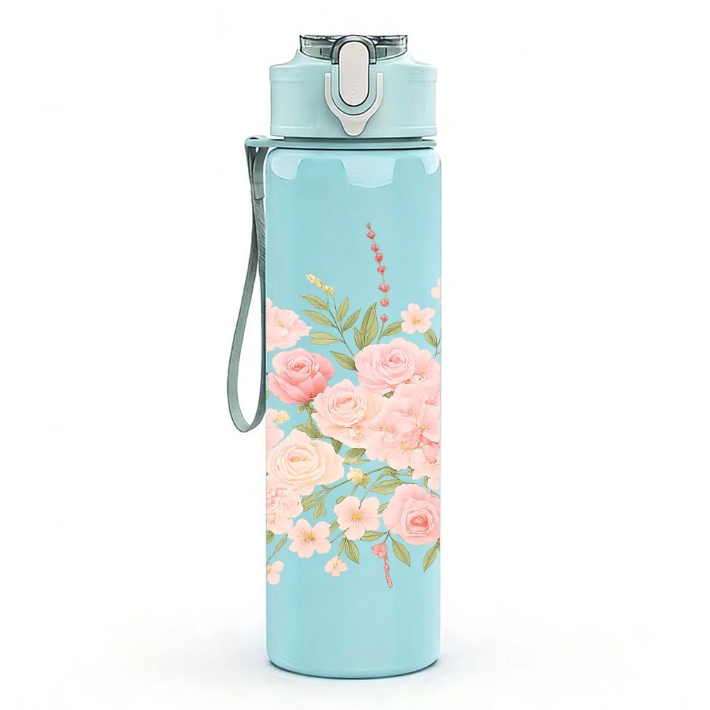 1PC Soft Pink Floral Bouquet 750ml Color Plastic Sports Water Bottle Leakproof Flip Straw Lid Suitable for Sports Office Home Use