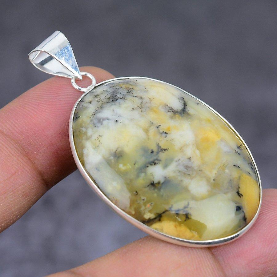 Natural Honey Dendritic Gemstone 925 Sterling Silver Jewelry Pendant 1.97" L3u19