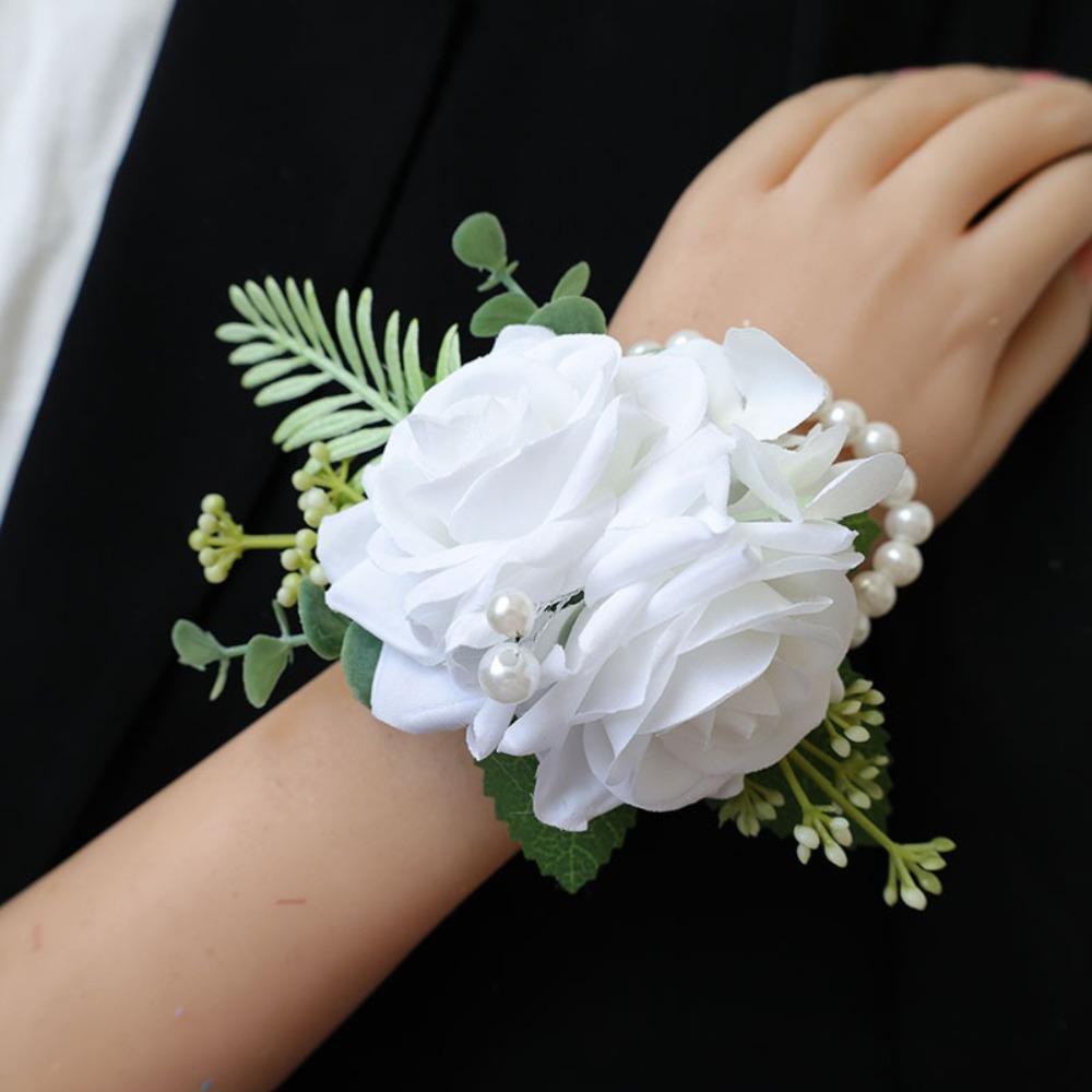 Light Yellow White Wrist Corsage Bracelet Silk Material Silk Rose Brooch Bridesmaid Gift
