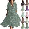 Women's Summer Fashion V-Neck Beach Long Dress Vintage Floral Printed Lace-Up Splicing Dresses