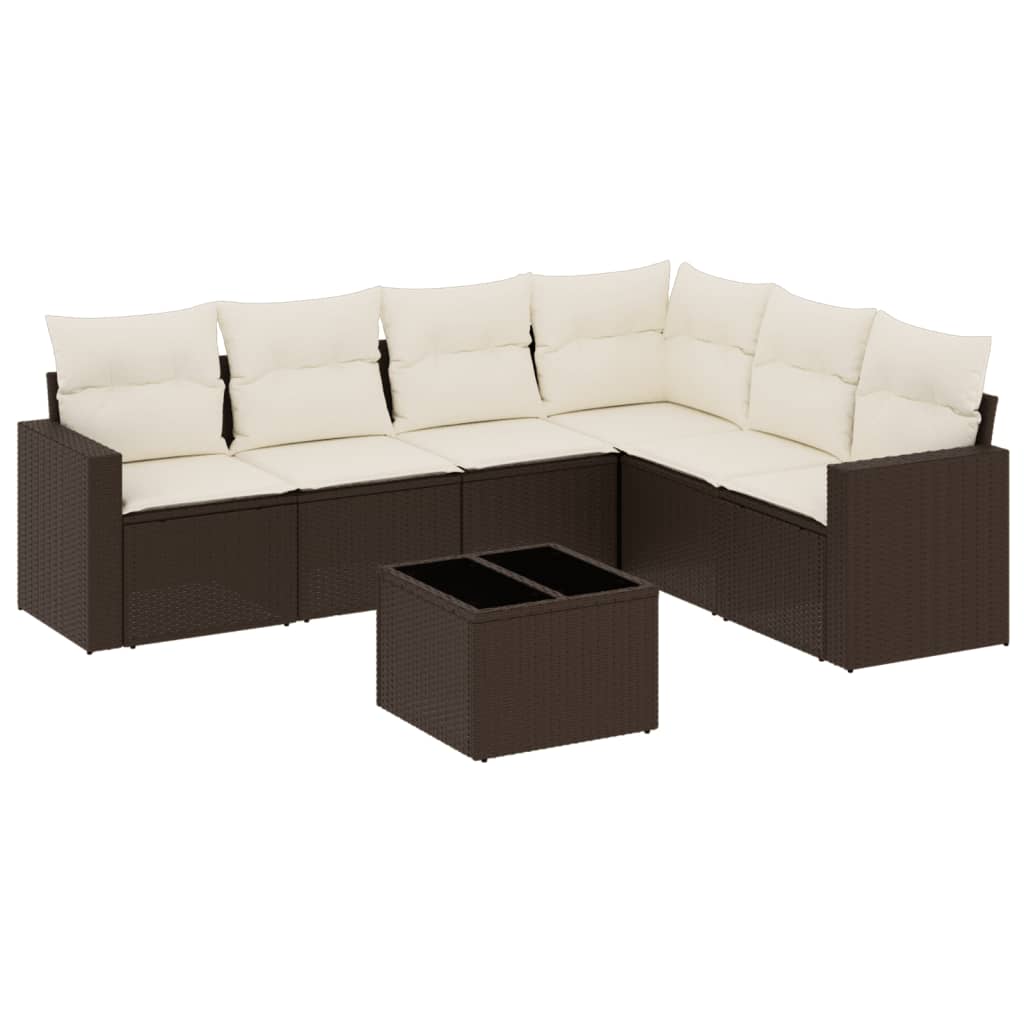 7 Piece Garden Sofa Set with Cushions Brown Poly Rattan