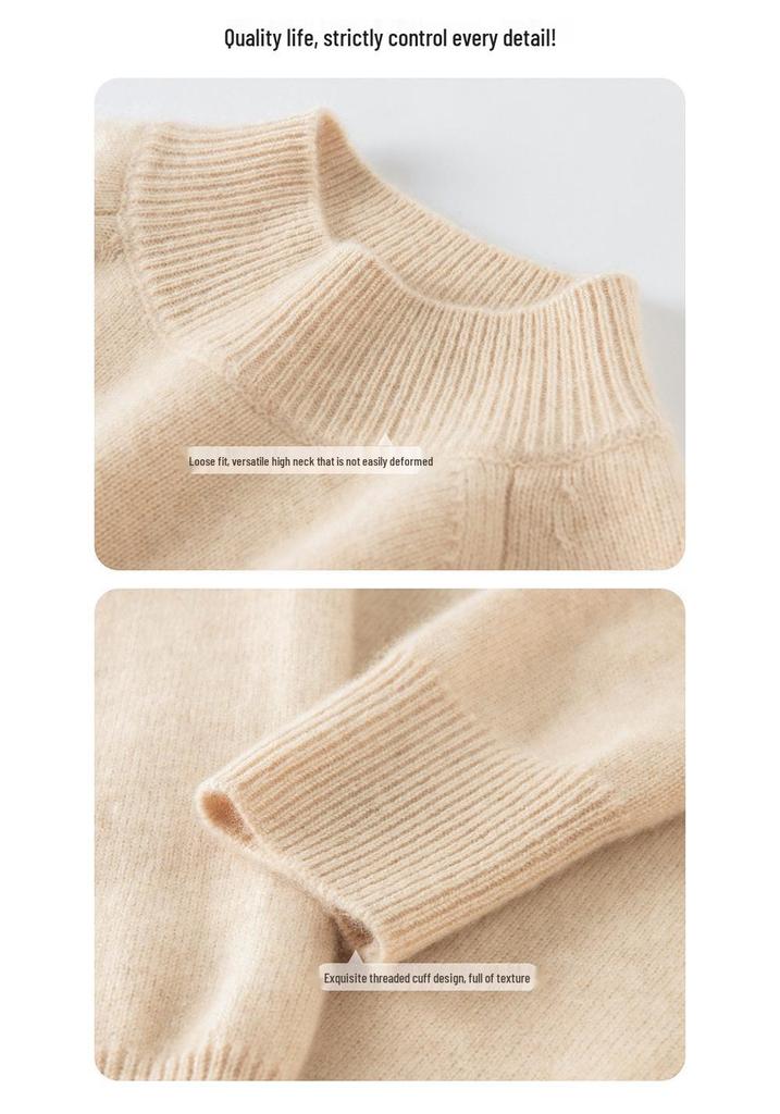 Women's Cashmere Knit Half-High Neck Raglan Sleeve Sweater – Autumn/Winter Base Layer Top