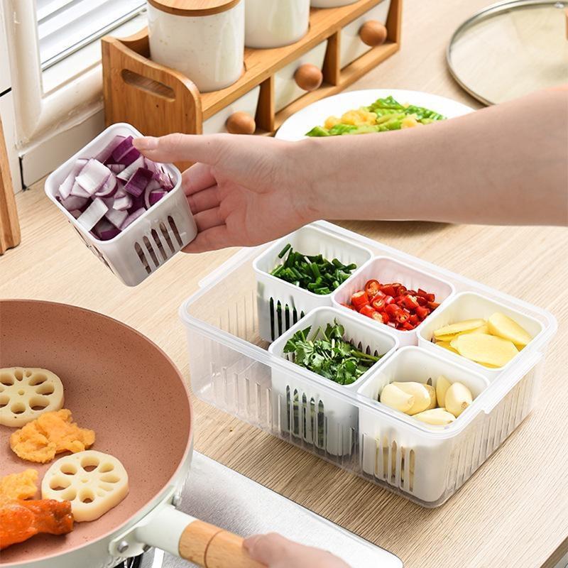 1 Set of Multi-functional Transparent Box Detachable Six-compartment Food Storage Box Partition Design Kitchen Refrigerator Fruit Preservation Box