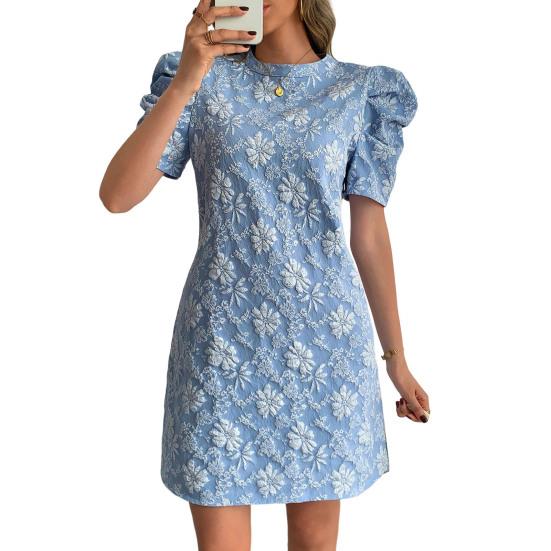 Женское фактурное жаккардовое платье с круглым вырезом и короткими рукавами-фонариками, платье А-силуэта, летние мини-платья с цветочным принтом, короткое вечернее платье