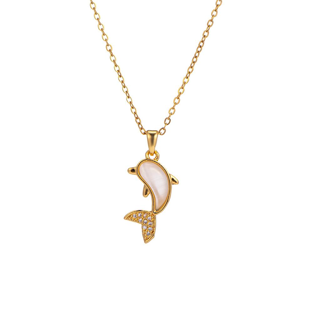 2026 Cute Dolphin Pendant Necklace - Gold Plated Zircon Tail Pearlescent Animal Collarbone Chain for Women Ocean Jewelry