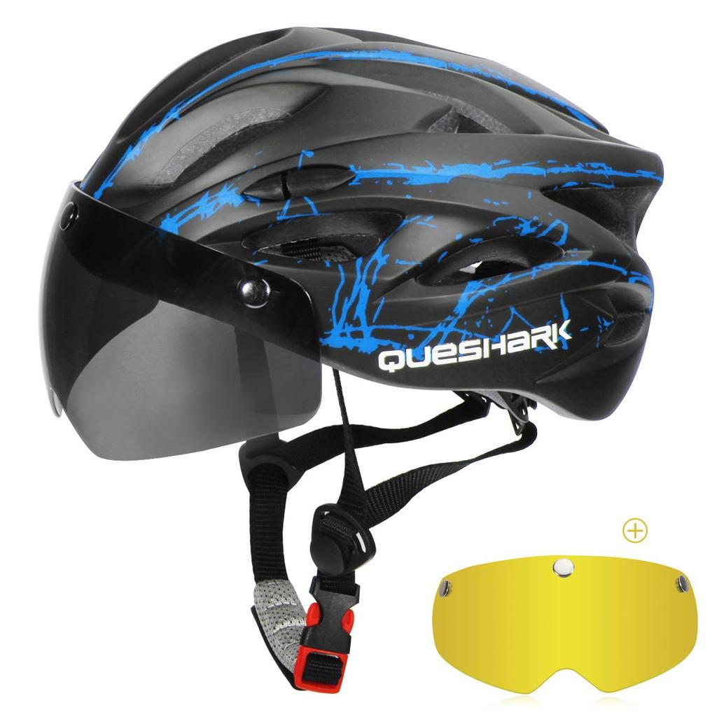 Queshark Ultralight Cycling Helmet with Goggles Bicycle Safety Cap Motorcycle Riding MTB Road Bike Helmet+Removable Yellow/Colorful Lens