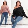 Women's Top, Plus Size Women's Clothing, Lace Up Design, Batwing Sleeve Sweater, Sexy Off Shoulder, One Neck, Nail Bead Sweater