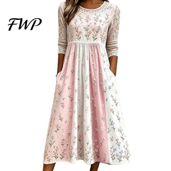 Slimming Dresses to Hide Tummy Long Sleeve Floral Dress, Women Cottagecore Waist Cinching Versatile Print Midi Autumn Dress for Vacation Street Party