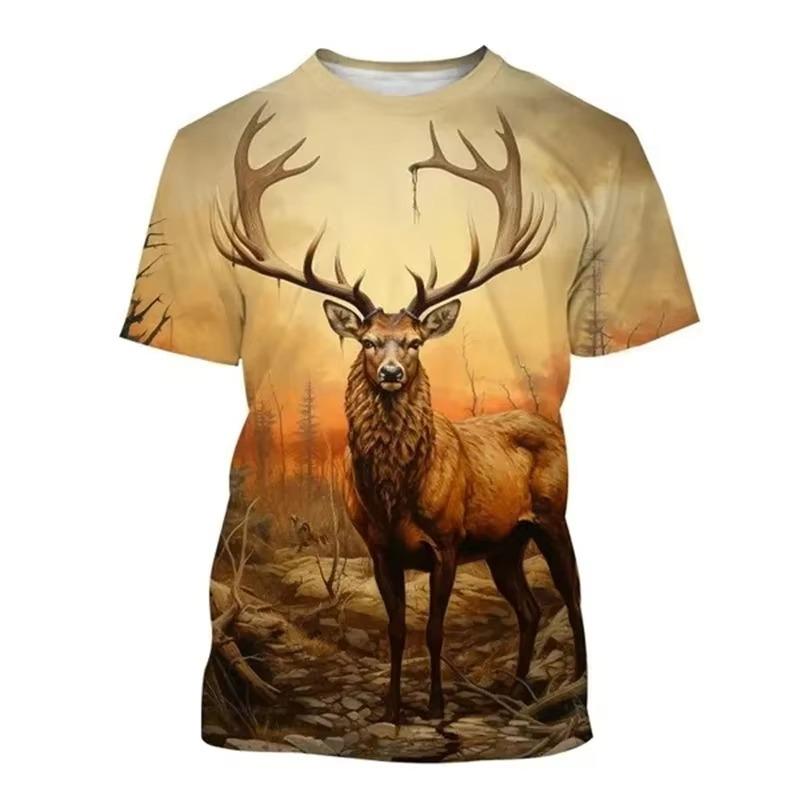 Deer 3D Printing T-shirt Funny Animal Hunting Graphic Short Sleeve Round Neck Tee Shirt Men's Outdoor Trend Personality Tees
