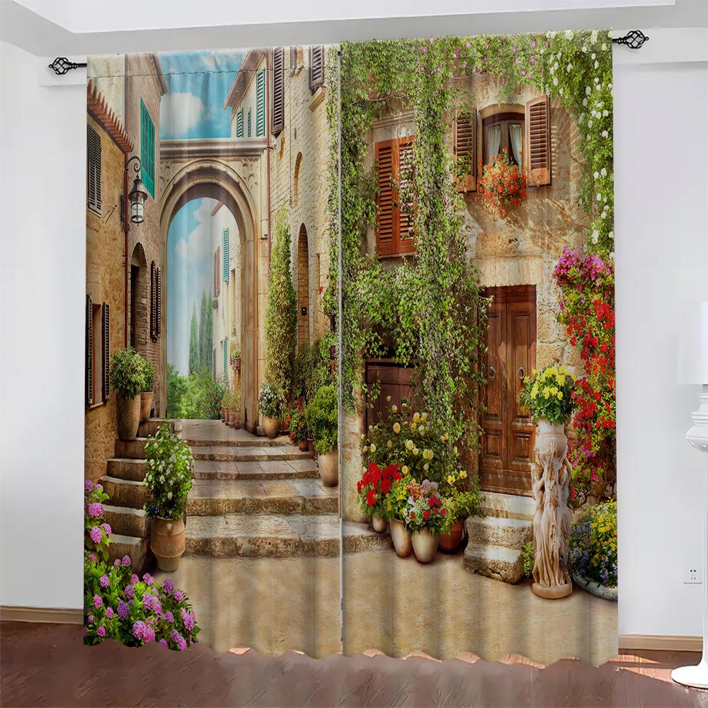 2PC Home Nostalgic Architecture Curtains With Landscape Background And Pole Pocket Curtains, Kitchen, Coffee Shop, Living Room,