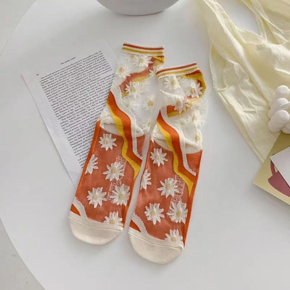 Sweet Floral Print Mid-calf Socks Ultra-Thin Crystal Silk Socks Casual Wear