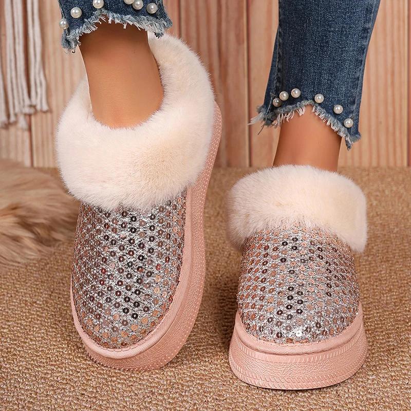 Fashion Sequins Decor Platform Snow Boots Women Fashion Keep Warm Faux Fur Winter Boots Woman Shiny Fuffly Furry Ankle Boots Ladies 42