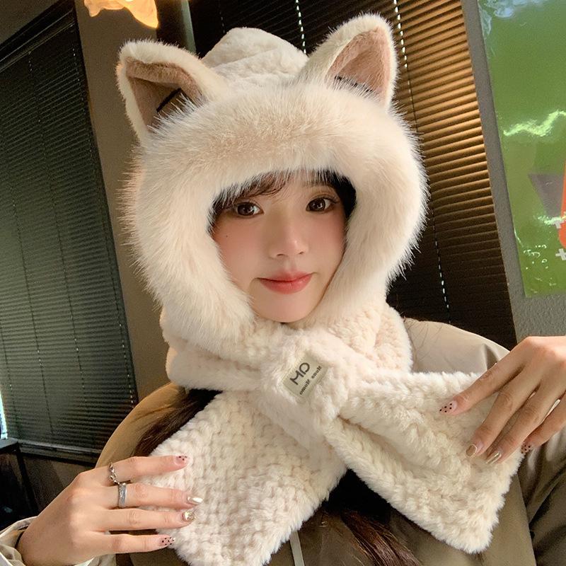 Thickened hairy hat women's winter ears plush hat scarf integrated cute little fox cold warm hat