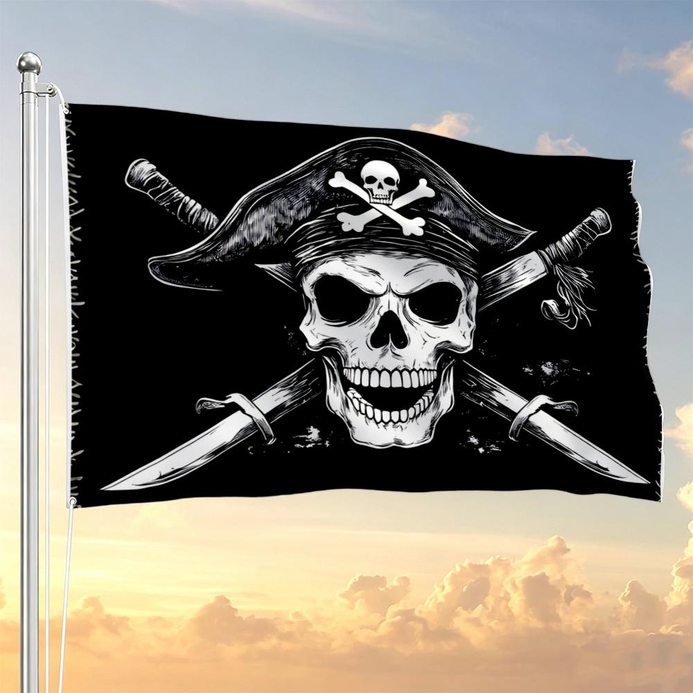 91.44X152.4cm Black And White Pirate Skull Flag with Tricorn Hat And Crossed Swords - Distressed Gothic Emblem Tapestry for Indoor Wall Decor, 100% Po