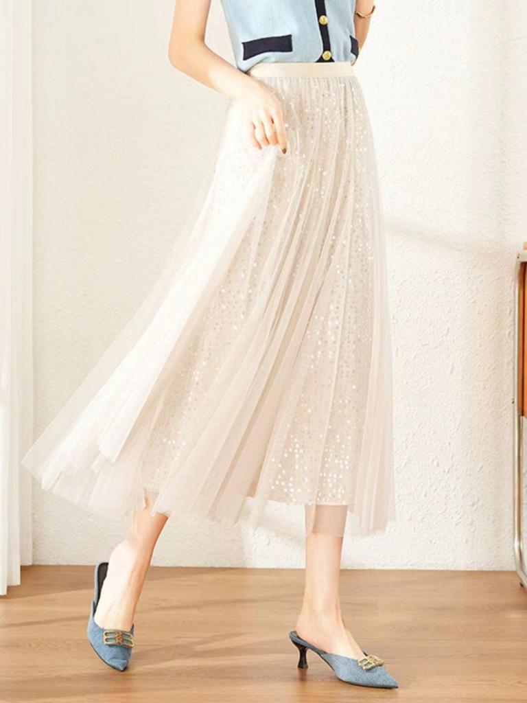 Trendy High-Waisted Sequin Mesh Midi Skirt for Spring/Summer