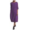 (SU)Women's Casual Loose Cotton Linen Mid Sleeve Round Neck Large Size Dress