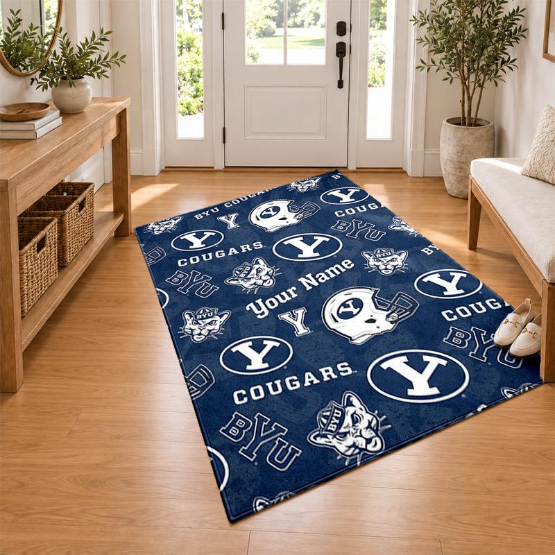 BYU Cougars Custom Name Personalized Rug Non‑Slip Doormat Floor Carpet Housewarming Birthday Gift for Family Friends