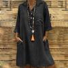 Women's Solid Boho Turn-down Collar Dress 3/4 Sleeve Casual Pocket Button Dress
