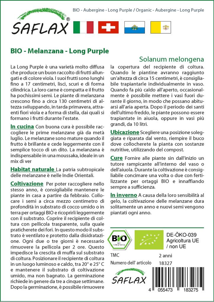 SAFLAX Сад в сумке - Органический - Баклажан - Длинный фиолетовый - 20 семян - С субстратом в подходящем стоячем мешке - Solanum melongena