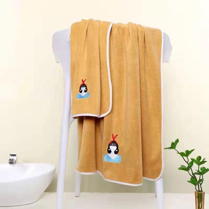 High-density coral fleece embroidered bath towel towel two-piece set soft and quick-drying absorbent beach towel cute household wrap towel
