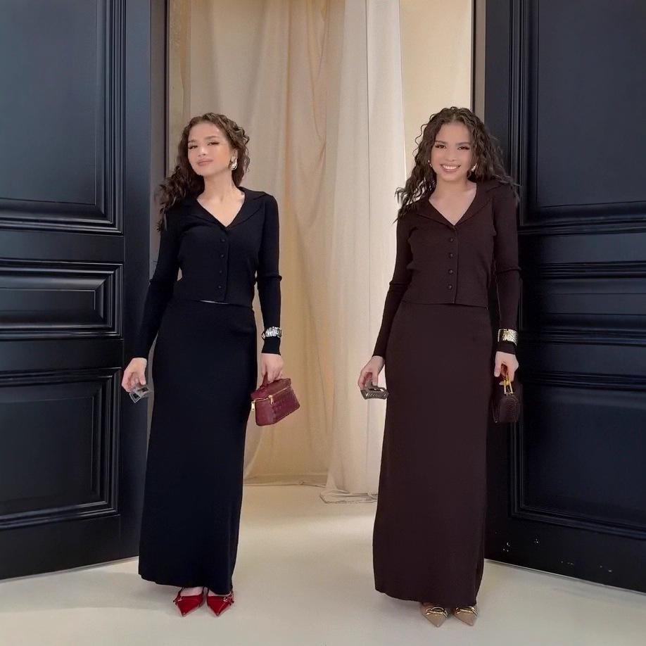 Комплект свитера с V-образным вырезом и длинными рукавами и вязаной юбки облегающего кроя на осень 2025 года для женщин