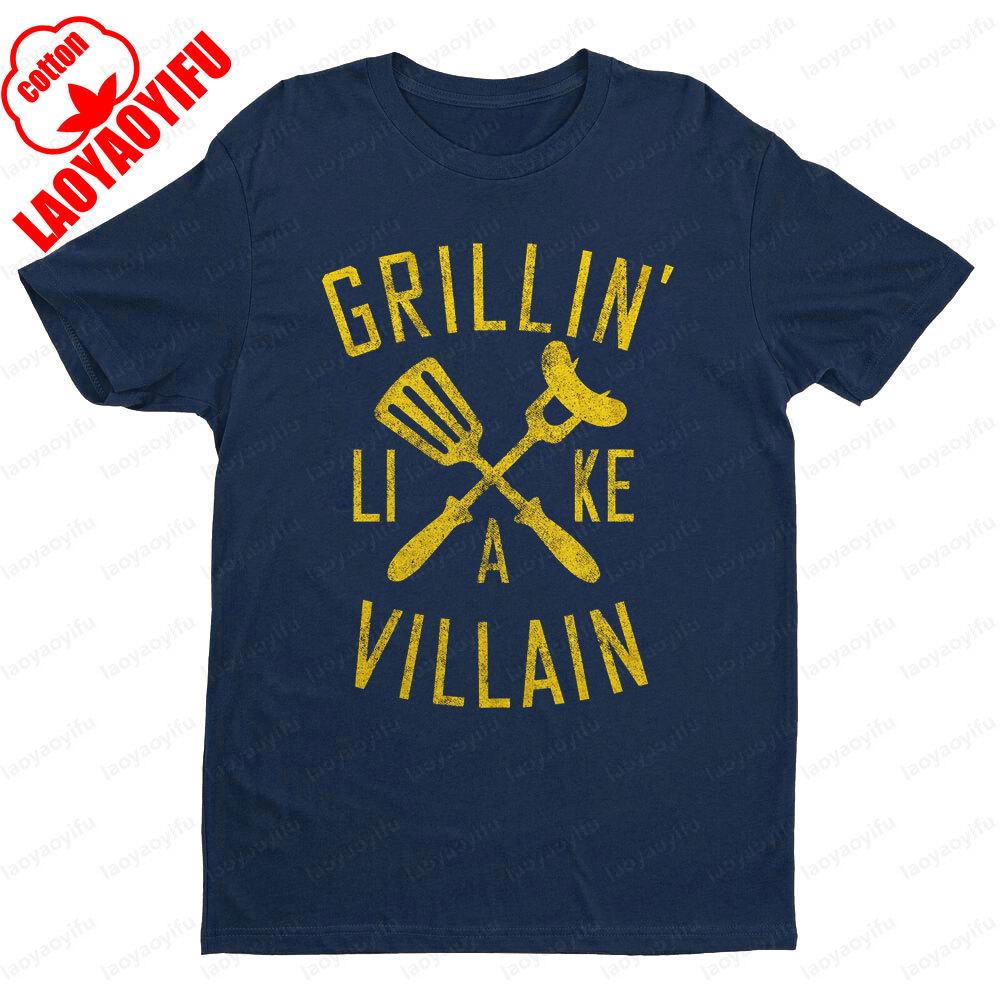 Grillin Like A Villain Mens T Shirt Funny Cookout Enthusiast Tee Tops Creative Pattern Tshirt BBQ Lover Gift Short Sleeve