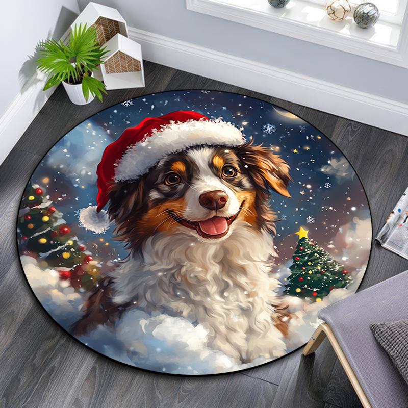 Christmas dog pattern round rug,Carpet Rug for Living Room Bedroom Playroom ,Non-slip Floor Mat,Holiday Gifts and Birthday Gifts.