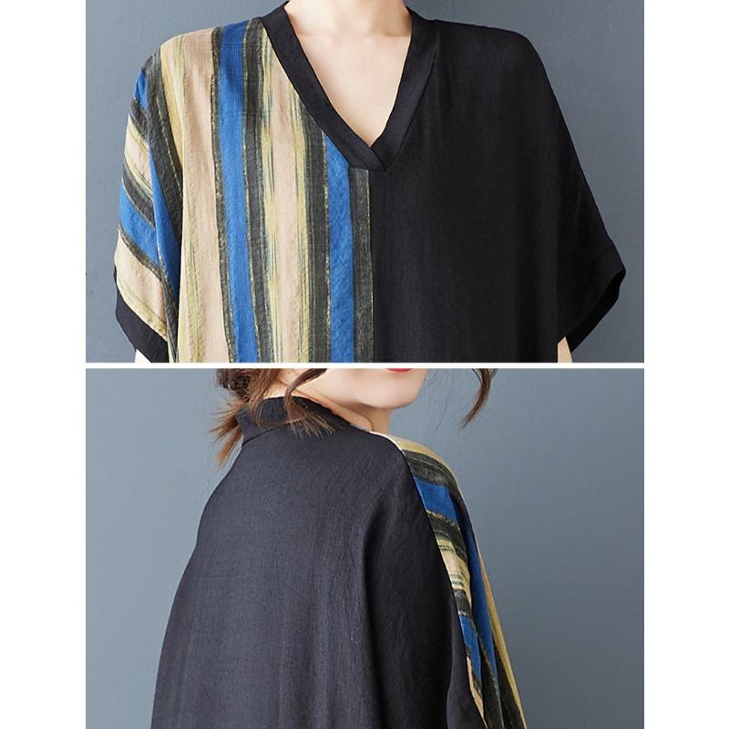 Dimanaf 2025 Плюс Размер Лето Женское Длинное Платье Оверсайз Винтаж Базовый Повседневный Свободный Платье В Полоску V-образным Вырезом