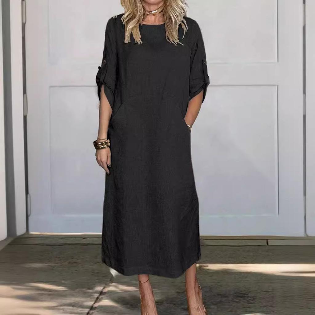 Women's Cotton And Linen Solid Color Casual Round Neck  Double Side Pockets 3/4 Sleeve Long Dress