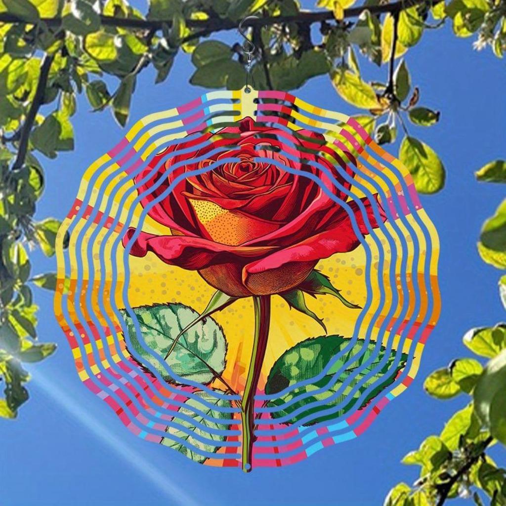 1pc Modern Art Red Rose Pattern Decorative Spiral Hanging Garden Wind Chime, Power Art Craft Windmill, Bi-Directional Rotatable | Outdoor