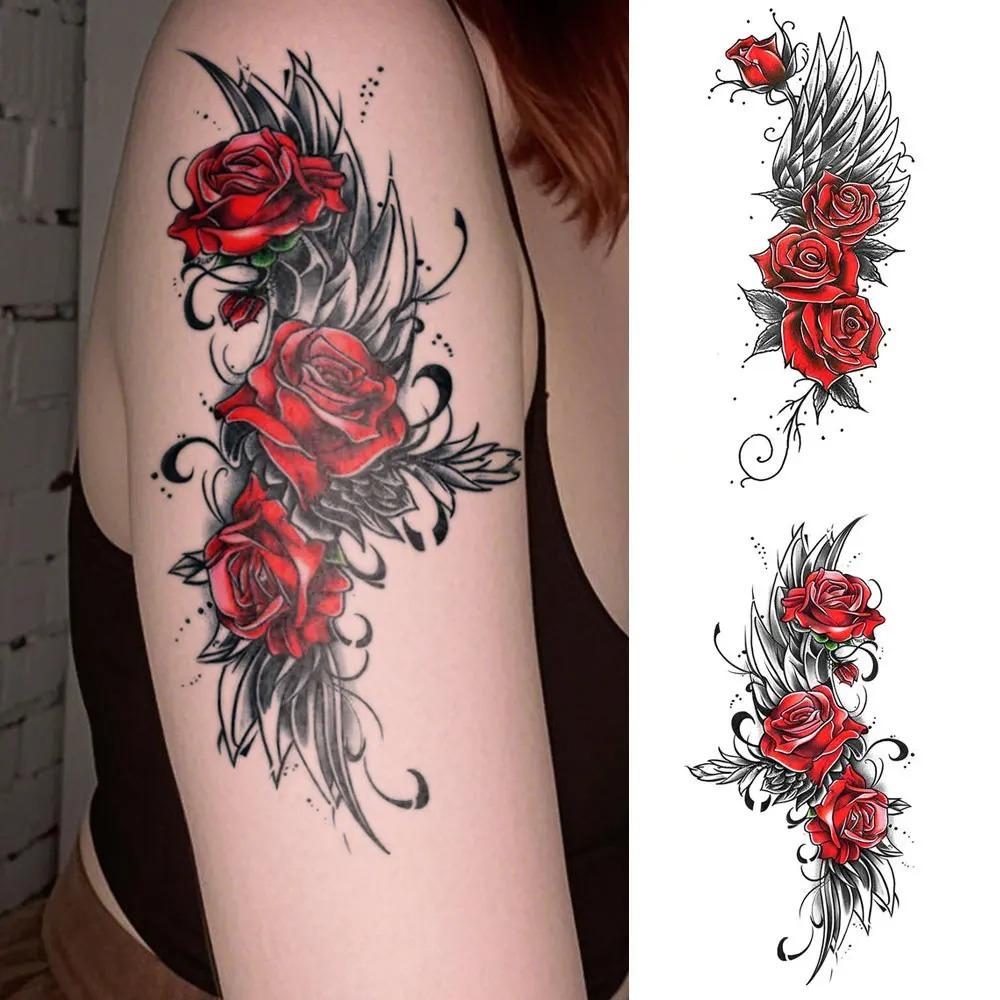 Waterproof Temporary Tattoo Sticker Dark Style Wings Feathers Rose Flower Sexy Body Art Arm Fake Tattoos Sleeve Women Men