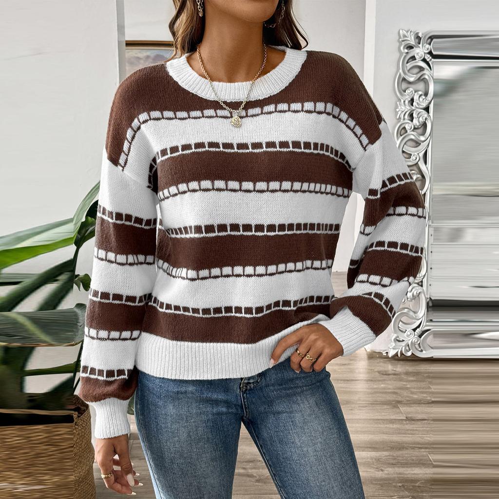 Women's Clashing Patchwork Stripe Colour Block Pullover Sweater Bottom Sweater
