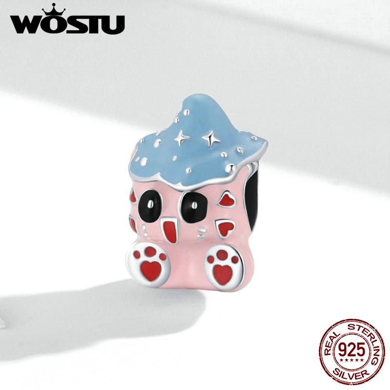 WOSTU Cute Textured Fairy Pink Cat Baby Blue Hat 925 Sterling Silver Beads Fit Bracelet Bangle Fine Jewelry