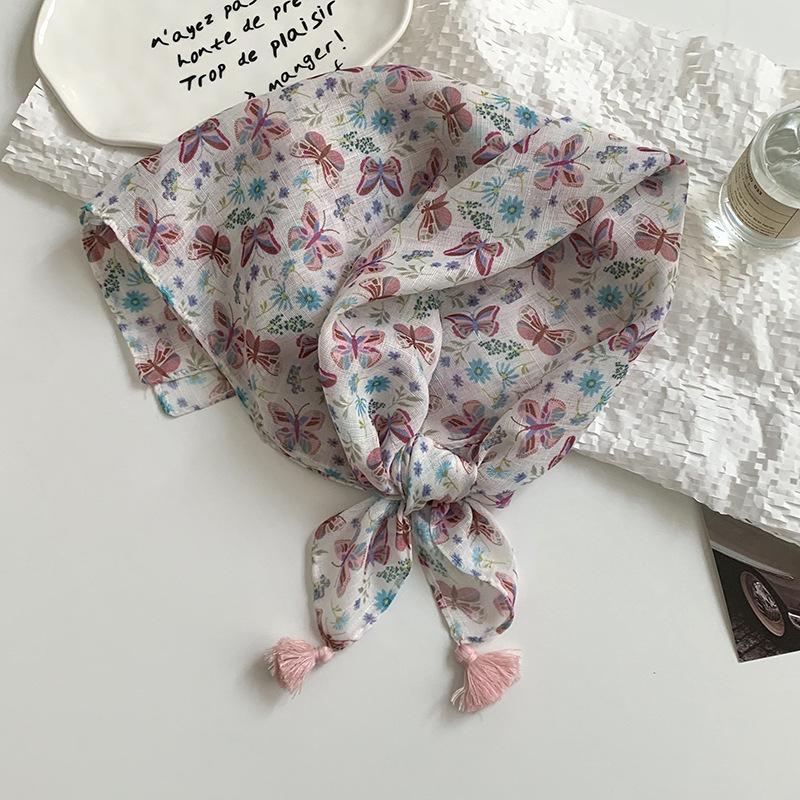 Премиальный хлопковый и льняной шелковый шарф, шарф для защиты шеи, маленький свежий квадратный шарф, цветочный платок для головы, повязка для волос, аксессуары для волос с бахромой