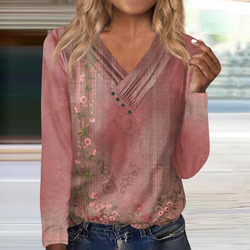 Women's Shirts Dressy Casual Sexy Fashion Pleated V Neck T-Shirts Button-down Fashion Clothing Tunics T-Shirts Pullovers