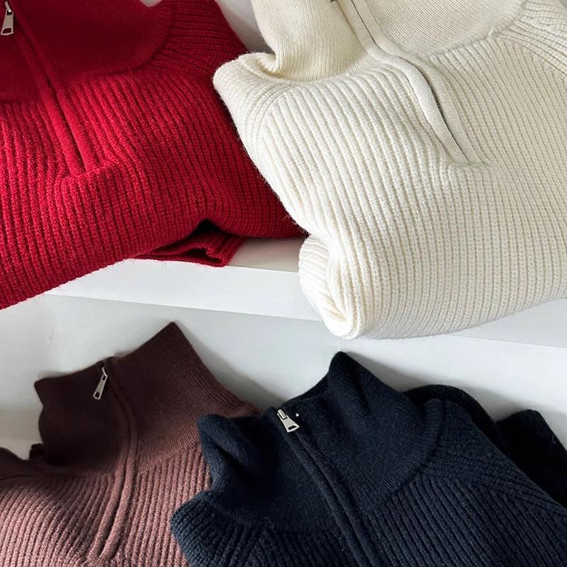 Женский вязаный свитер с полувысоким воротником и застежкой-молнией, осенний, с рукавами-фонариками, винтажные свободные свитера, зимние толстые повседневные однотонные теплые джемперы 25404
