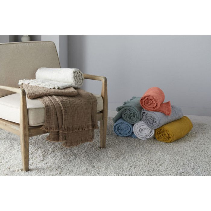 Plaid à franges "Brehat" Gaze de Coton stonewashed Toison d'or - Brehat Miel