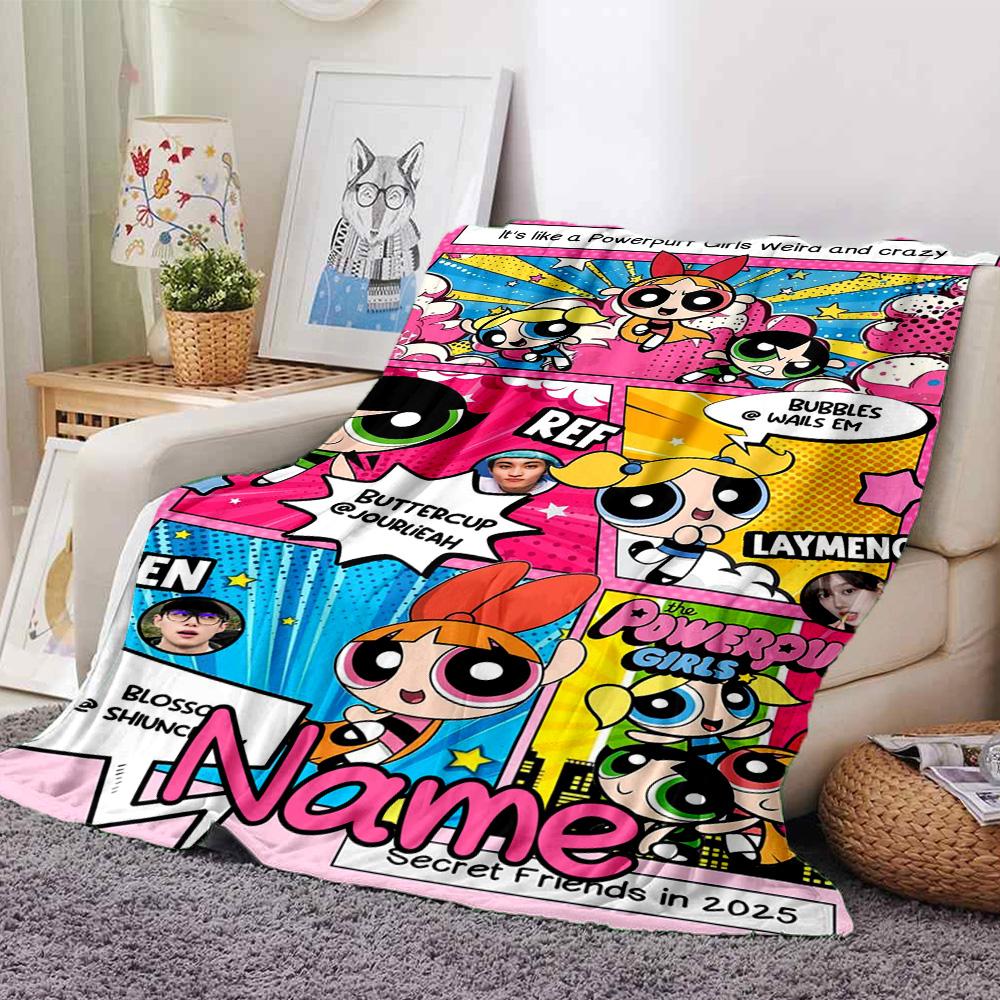 Custom Name Powerpuff Girls Adventure flannel Blanket for Super Soft Cute Comfort Blanket for Travel Bedding Couch Sofa Blanket