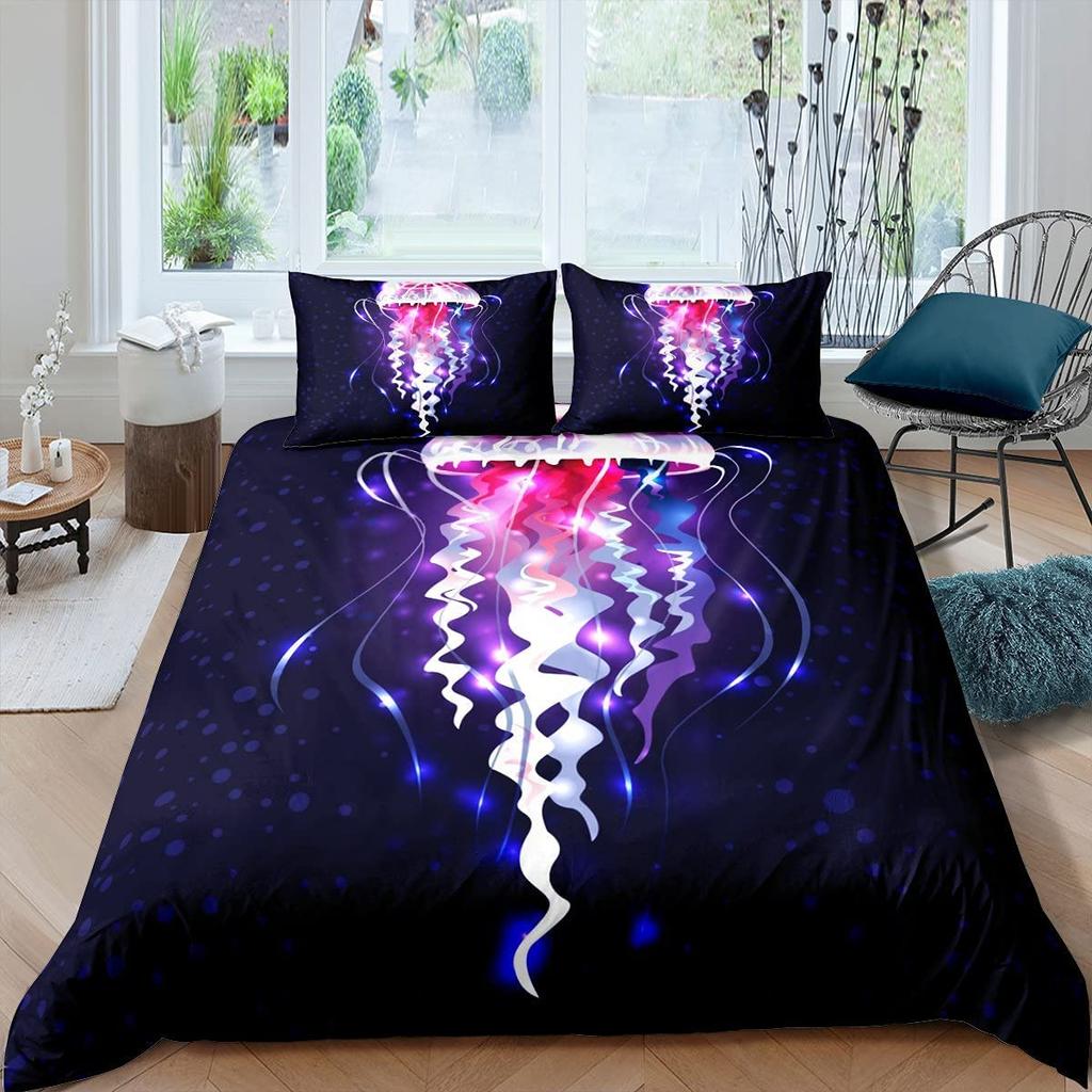 Jellyfish Bedding Set Queen,Ocean Nautical Comforter Cover for Kids Boys Girls,Hawaii Beach Duvet Cover Teens Cute Sea Animal