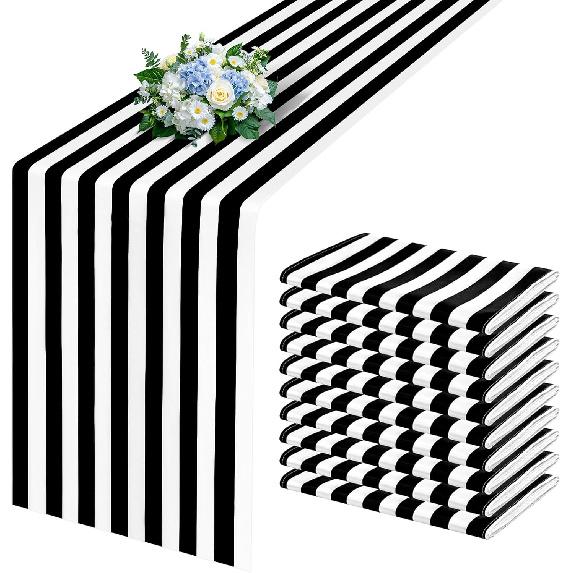 10 Pcs Striped Plastic Table Runner 14 x 108 Inch Black and White Disposable Table Runner for Birthday Parties Wedding Decorations Baby Shower Racing