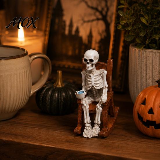 Novelty Skeleton Reading Figurine Halloween Figurine, Resin Sitting on Rocking Chair Statue, Drinking Funny Dark Holiday Figurines Coffee Crocheting