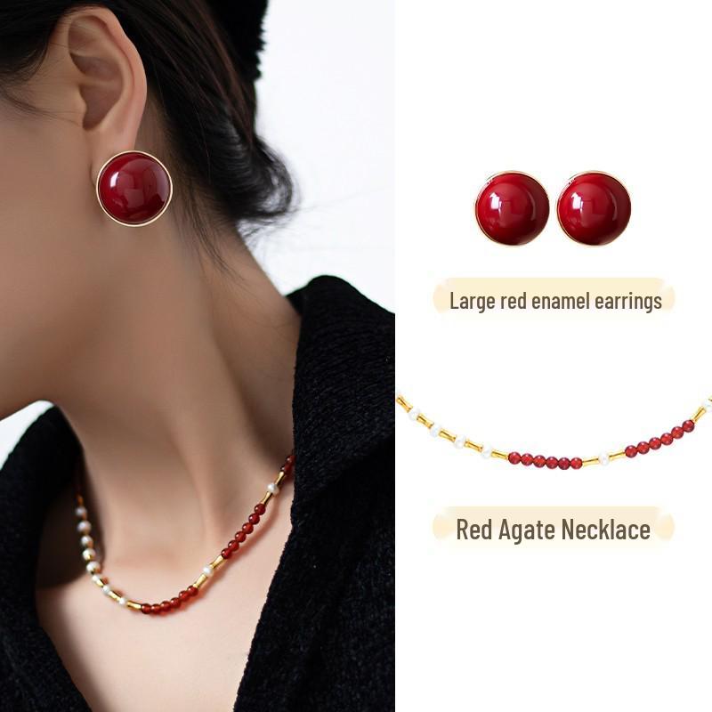 Ancola 2024 Red Retro Oval Pearl Earrings - Autumn & Winter Collection