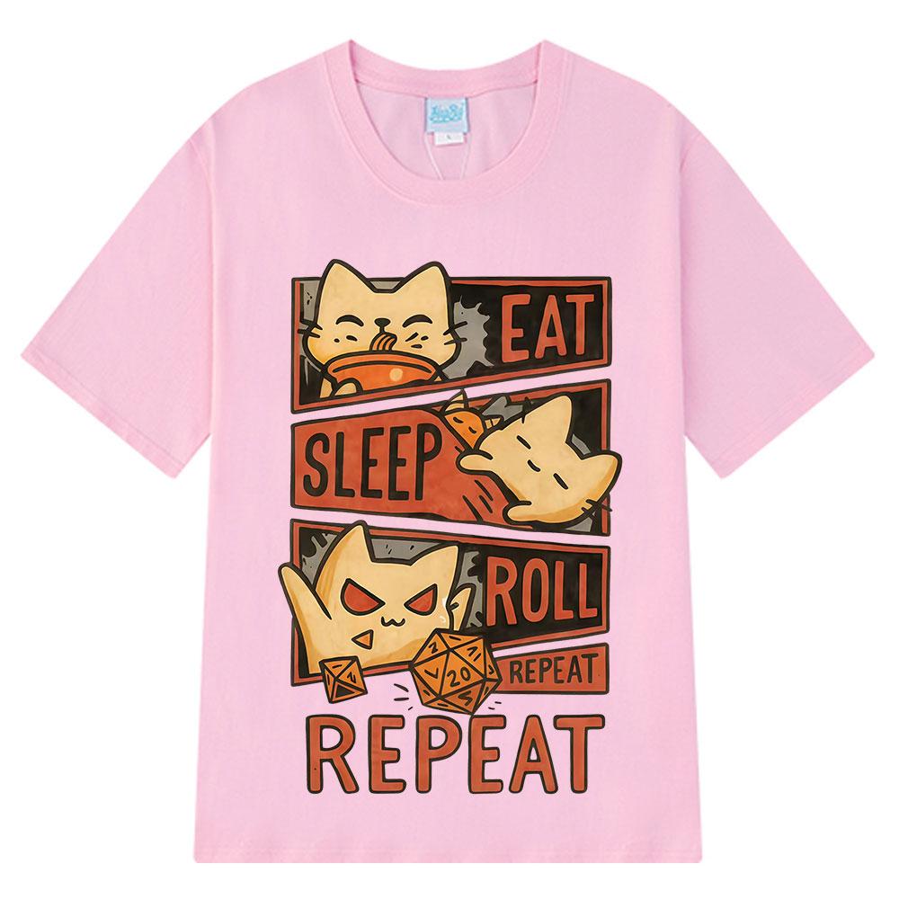 2026 Summer Cotton Tee Eat Sleep Roll Repeat Cat Graphic Unisex WOMEN Plus Size Loose Casual Hip Hop Streetwear Breathable Top