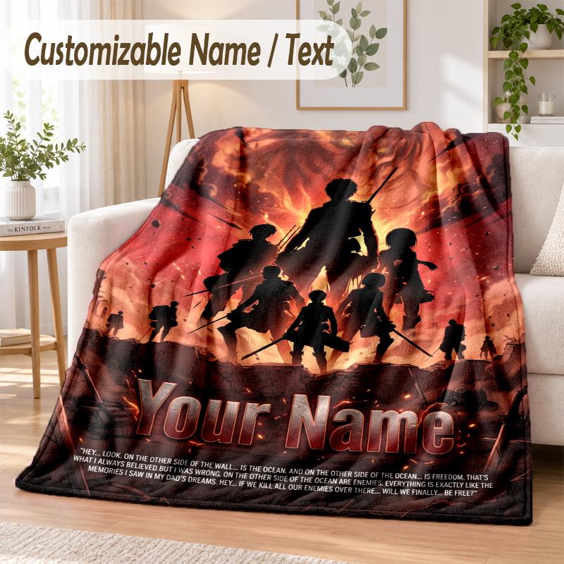 Attack on Titan Custom Name Flannel Throw Blanket Soft Warm for Sofa Bed Indoor Home Use