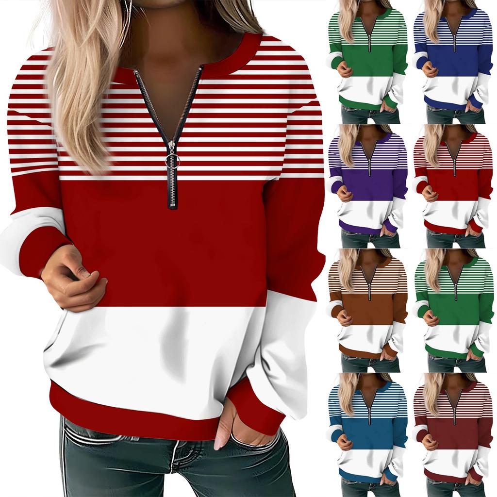 Women Casual Long Sleeve Basic Quarter Zipper  Print Flowers Pullover Sweatshirts Casual Top Fall Clothes