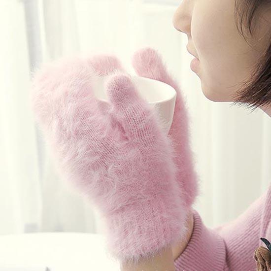 Женские эластичные перчатки с длинными пальцами, милые перчатки из кроличьей шерсти, женские зимние варежки, модные однотонные варежки, утепленные теплые перчатки