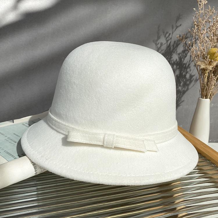 Французская простая шерстяная шляпа-ведро женская ретро осенне-зимняя куполообразная элегантная шляпа-цилиндр белая шляпа-котелок с бантом