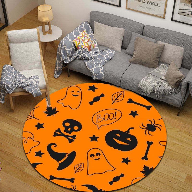 Round Area Carpet Halloween Ghost Pumpkin Witch Hat Spider Boo Orange Kids Playroom Decor